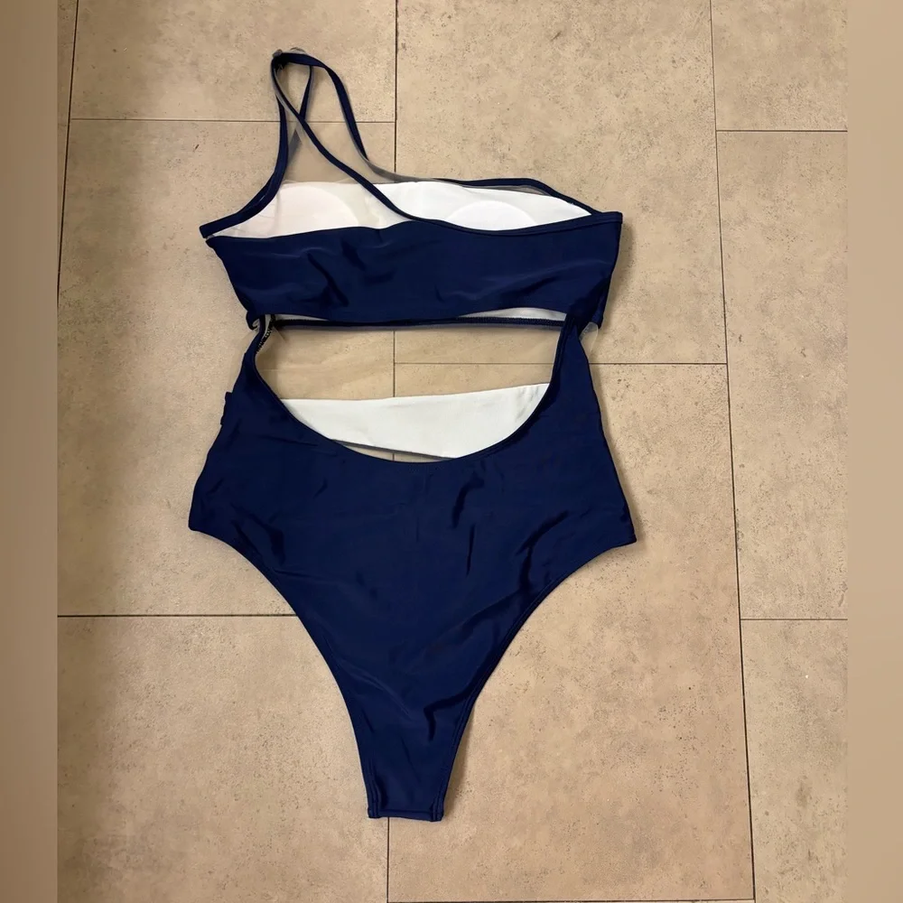 NWT SHEIN Navy Blue One-Shoulder Swim One Piece Size Med - Picture 6 of 7